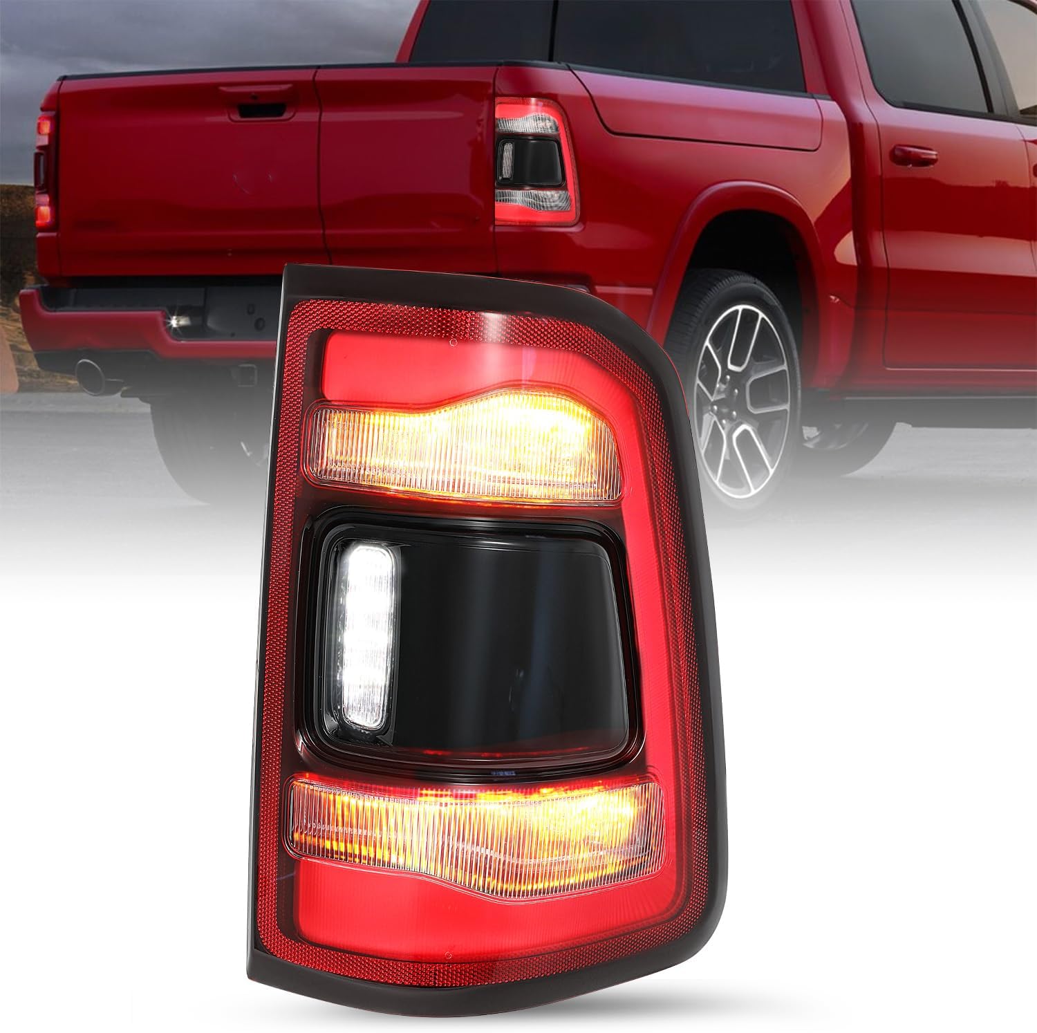 JSBOYAT LED Tail Light Assembly Compatible with 2019-2024 Dodge Ram 1500 With Blind Spot(Module NOT Included), Rear Brake Light Black Smoke Lens Tail Lamps Right Passenger Side 55112992AC, 55112992AD