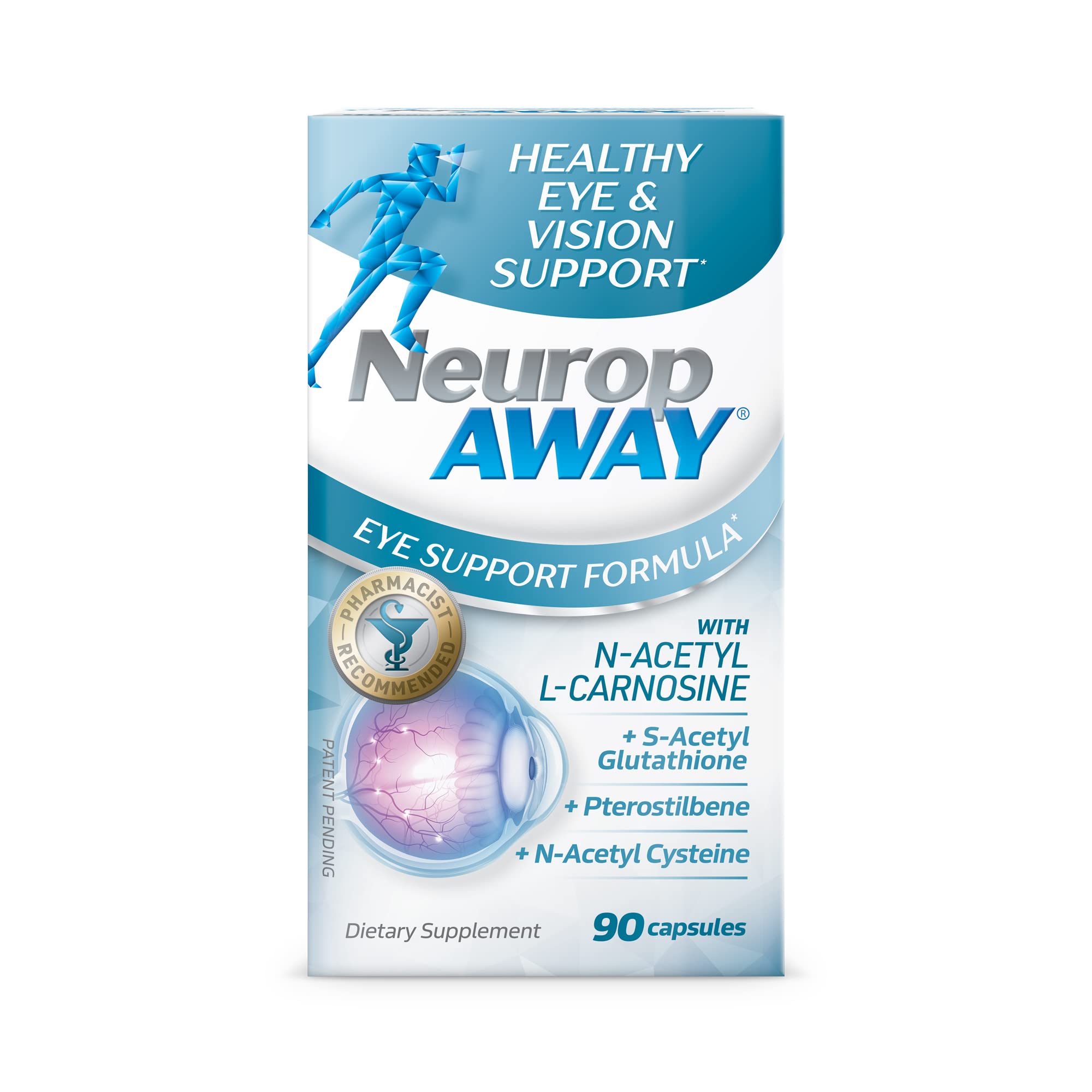 NeuropAWAY Eye Support Supplement 90CT with Lutein N-Acetyl L-Carnosine S-Acetyl Glutathione N-Acetyl Cystiene Pterostilbene Lycopene Zeaxanthin to Support Healthy Vision Helps Blurry and Dry Eyes