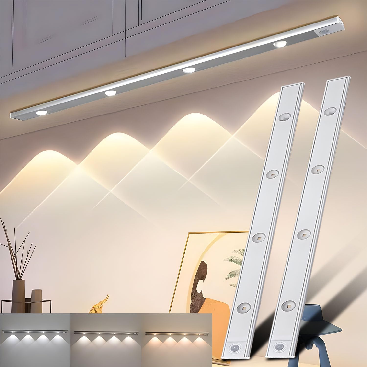 Tira LED Con Sensor De Movimiento Para Armarios - 2 Unidades, Recargables, 3 Colores De Luz, Ideal Para Cocina O Pasillo