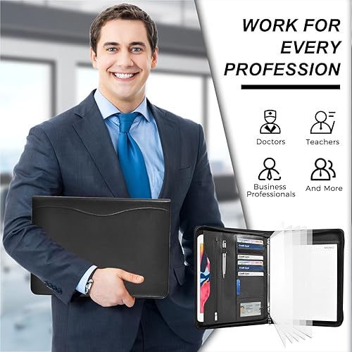 Miniatura 6 de Deziliao Carpeta organizadora de 3 anillas, organizador de documentos, cartera de negocios de piel sintética de 10.4 pulgadas con cremallera,