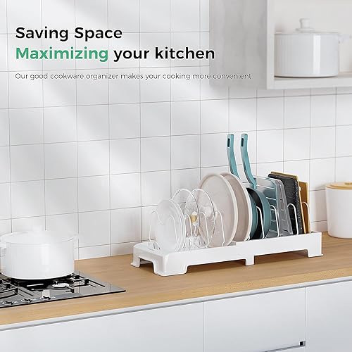 Miniatura 7 de Organizador de tapa de olla expandible, organizador de ollas y sartenes debajo del gabinete con 10 compartimentos ajustables, mangobandeja