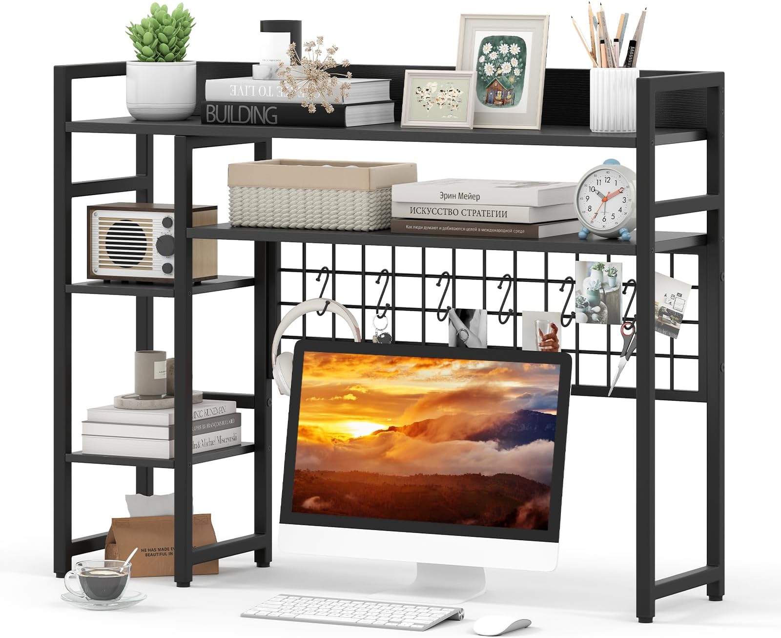 Home Office Desk Shelf 4-Tier Open Bookcase with Grid Panel & Anti-Tip Device Desktop for Computer Monitors Stylish Storage Solution for Workspace