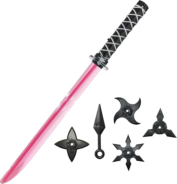 Amazon 光る日本刀 侍 忍者 ニンジャ 手裏剣 苦無サウンド なりきり おもちゃ 武器 飛び道具 プラスチック製 コスプレ 仮装 ピンク キッズコスチューム おもちゃ