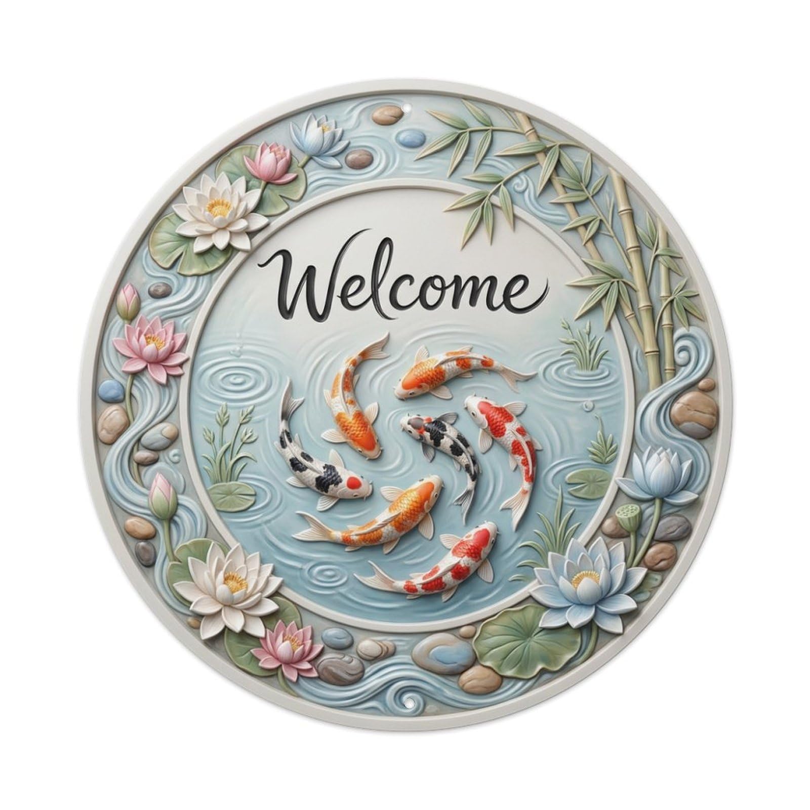 Metal Tin Sign Zen Koi Welcome Tranquil Harmony