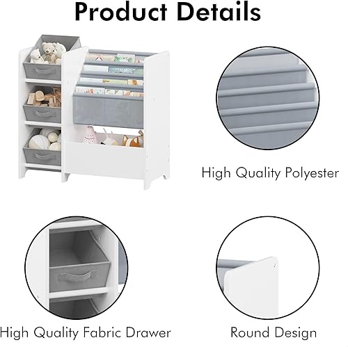 Miniatura 3 de GDFStudio Estantería para niños y organizador de almacenamiento de juguetes con 3 cajones de tela plegables, estante de libros para niños de 4