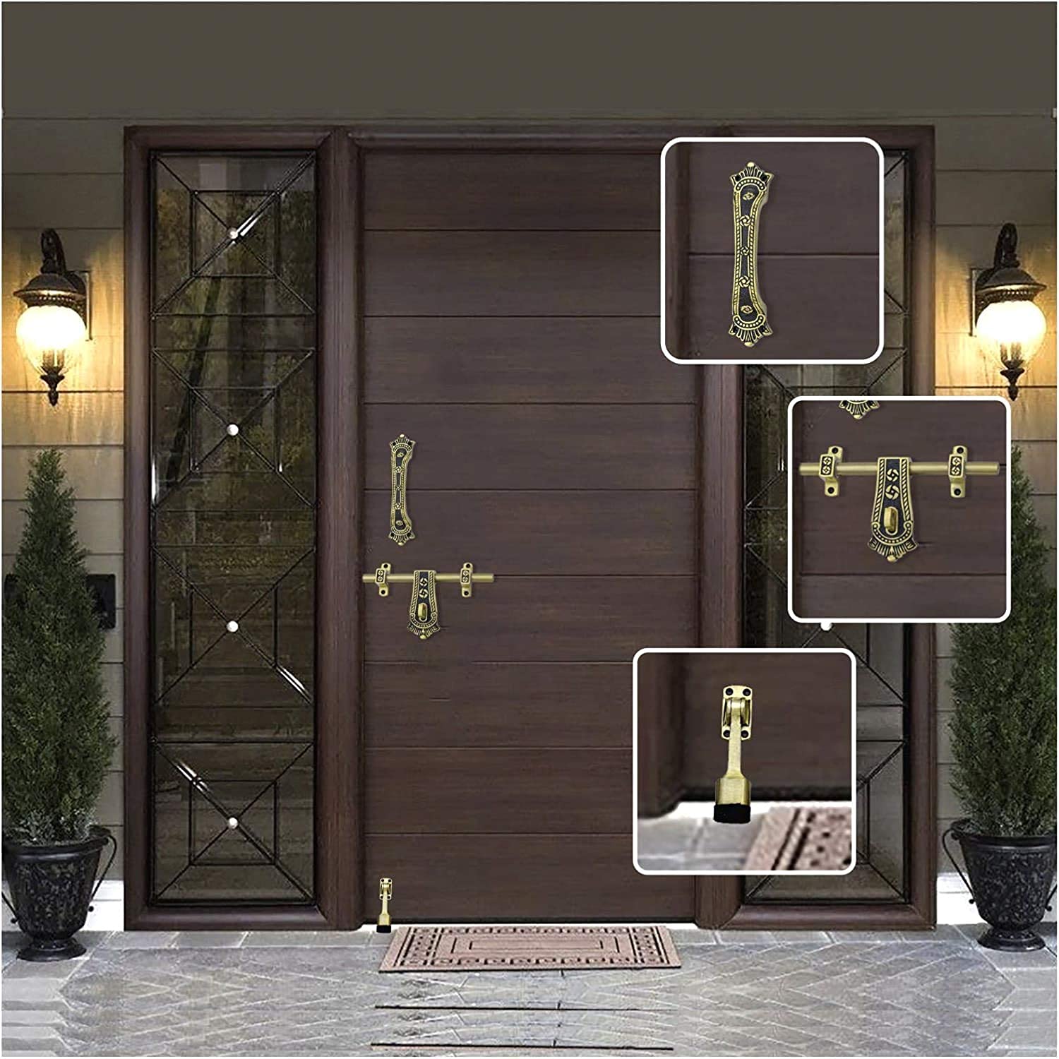 SANJARI Gold Antique Finish Aluminium Door Fittings Full Set | Door Hardware Accessories Kit, Finish | 1 Aldrop, 1 Latch, 1 Stopper, 1 Tower Bolt, 2 Handles 1