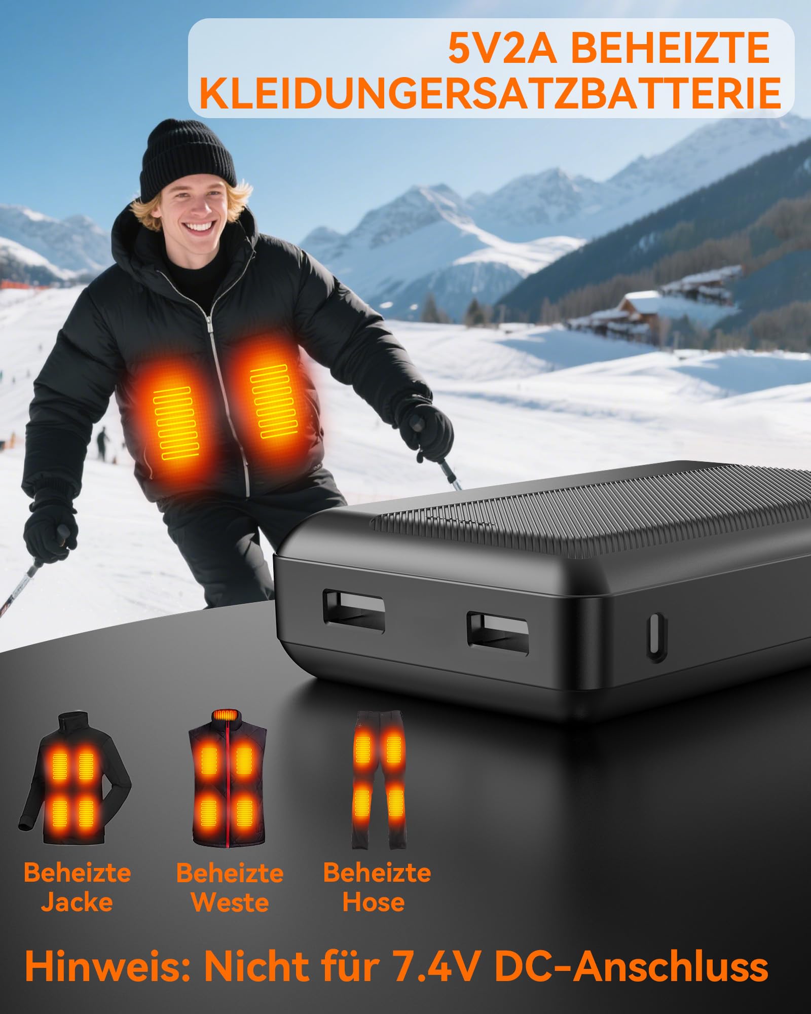 Batterie externe pour gilet chauffant - 5 V 2,4 A 20 000 mAh - Sortie USB
