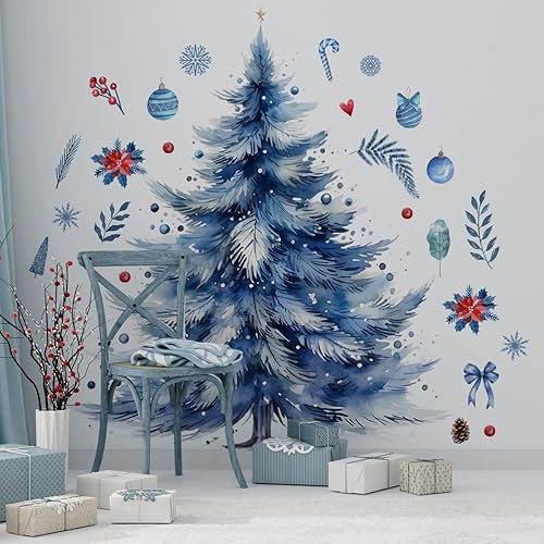 Miniatura 9 de Calcomanías grandes de pared para árbol de Navidad de 22.83 x 16.93 pulgadas, calcomanías de acuarela extraíbles para árbol de Navidad, calcomanías