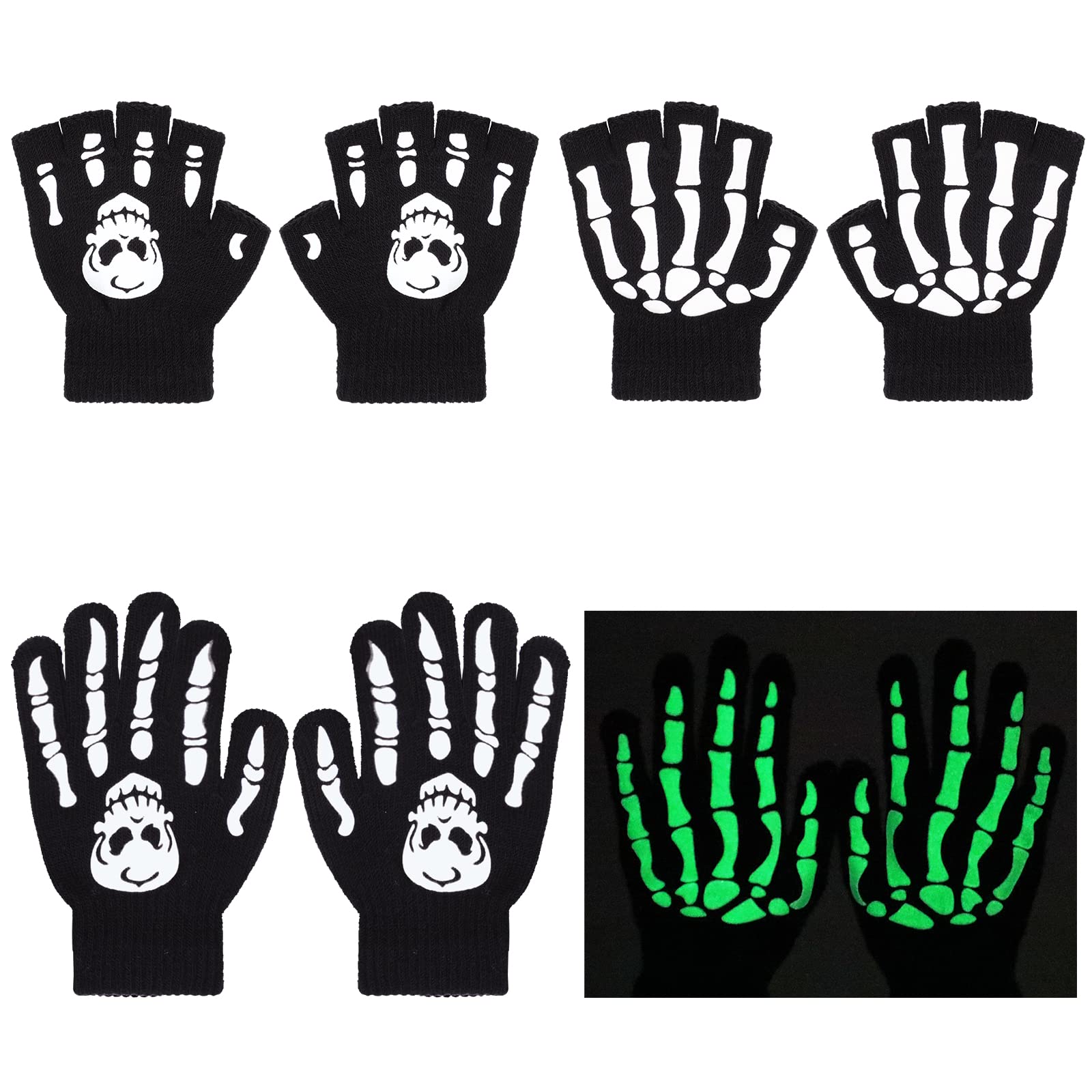 TAGVO Guantes Mágicos de Invierno para Niños 4 Pares, Guantes Calientes Esqueleto, Luminoso Manoplas de Dedo Completo Elásticas para Niños Niñas, 5-14 Años para Uso en Invierno Halloween