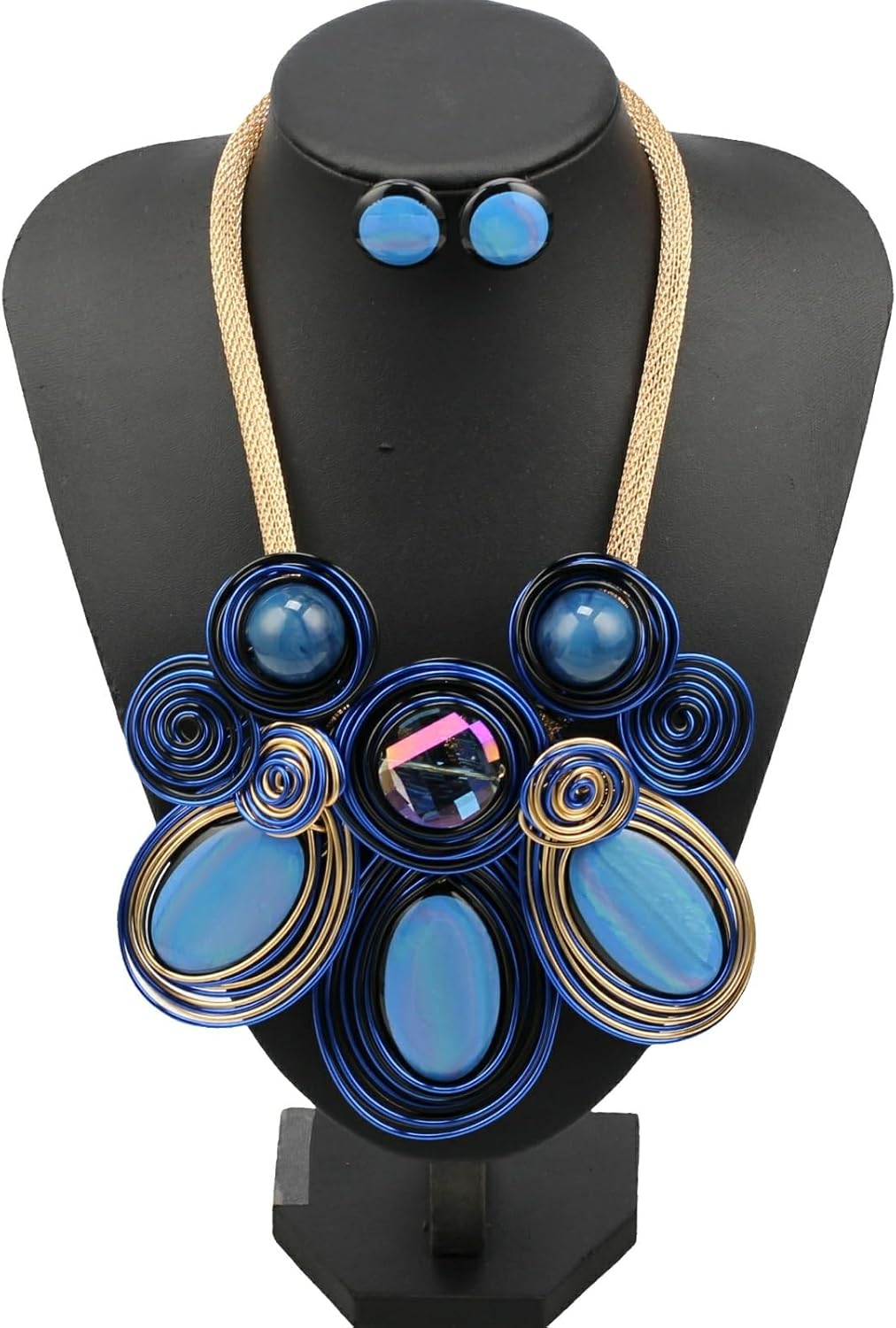 Colorful Bead Crystal Pendant Necklace Earrings Set for Women Big Chunky African Statement Vintage Ethnic Flower Bohemian Female Rhinestone Tribal Jewelry Set - Image 3