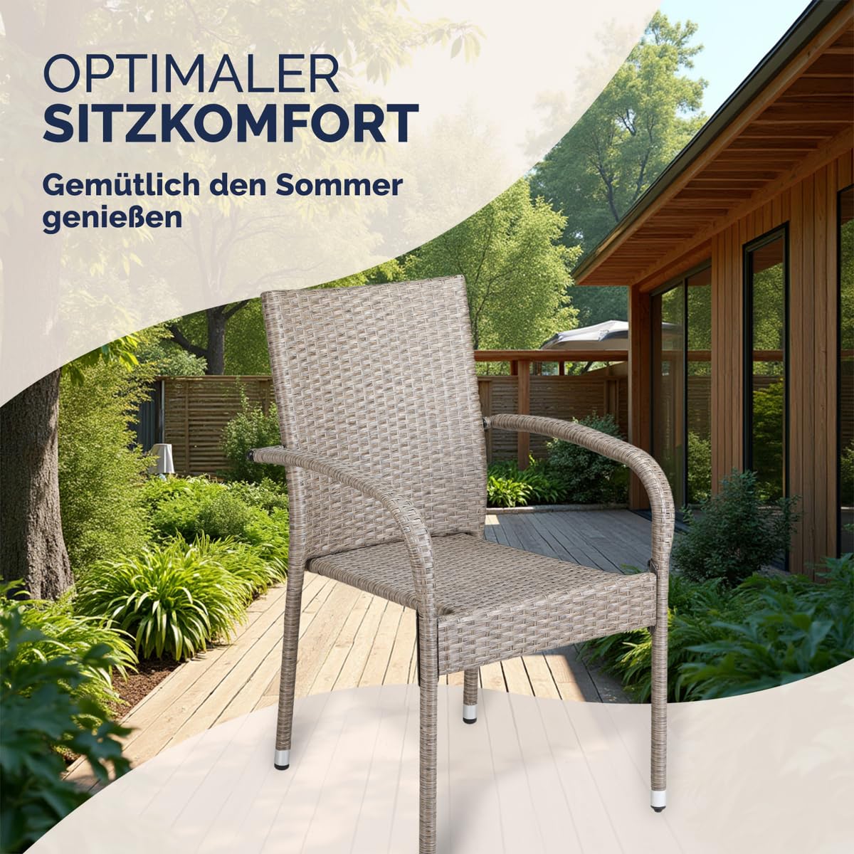 Casaria® Gartenstühle 4er Set Stapelbar Wetterfest Polyrattan Outdoor 160kg Garten Terrasse Balkon Stuhl mit Armlehne Gartensessel Stapelstühle Creme