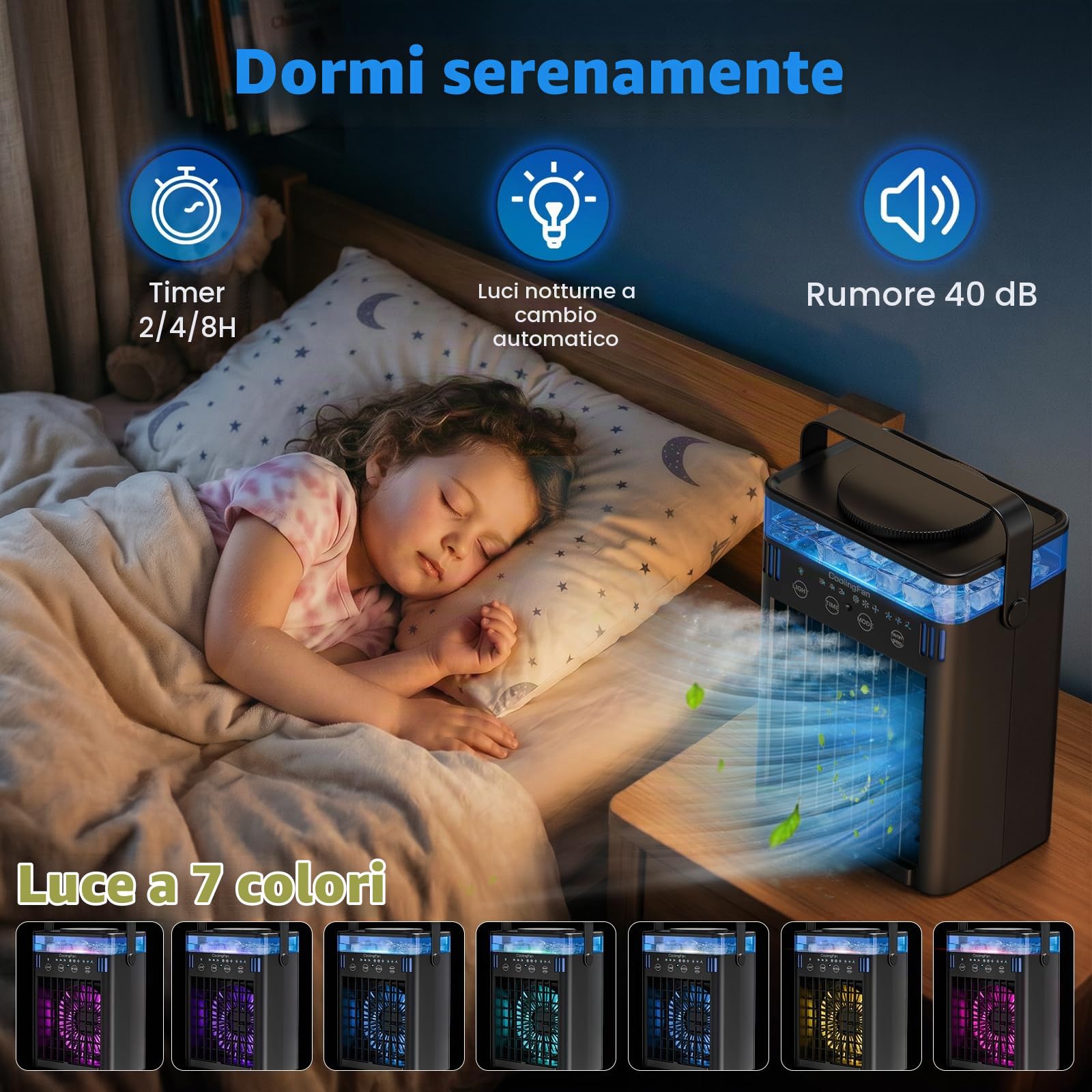 Mini condizionatore portatile con telecomando, 3 velocità e 3 nebbie, timer da 2 a 8 ore e 7 luci, per camera da letto, ufficio, ufficio