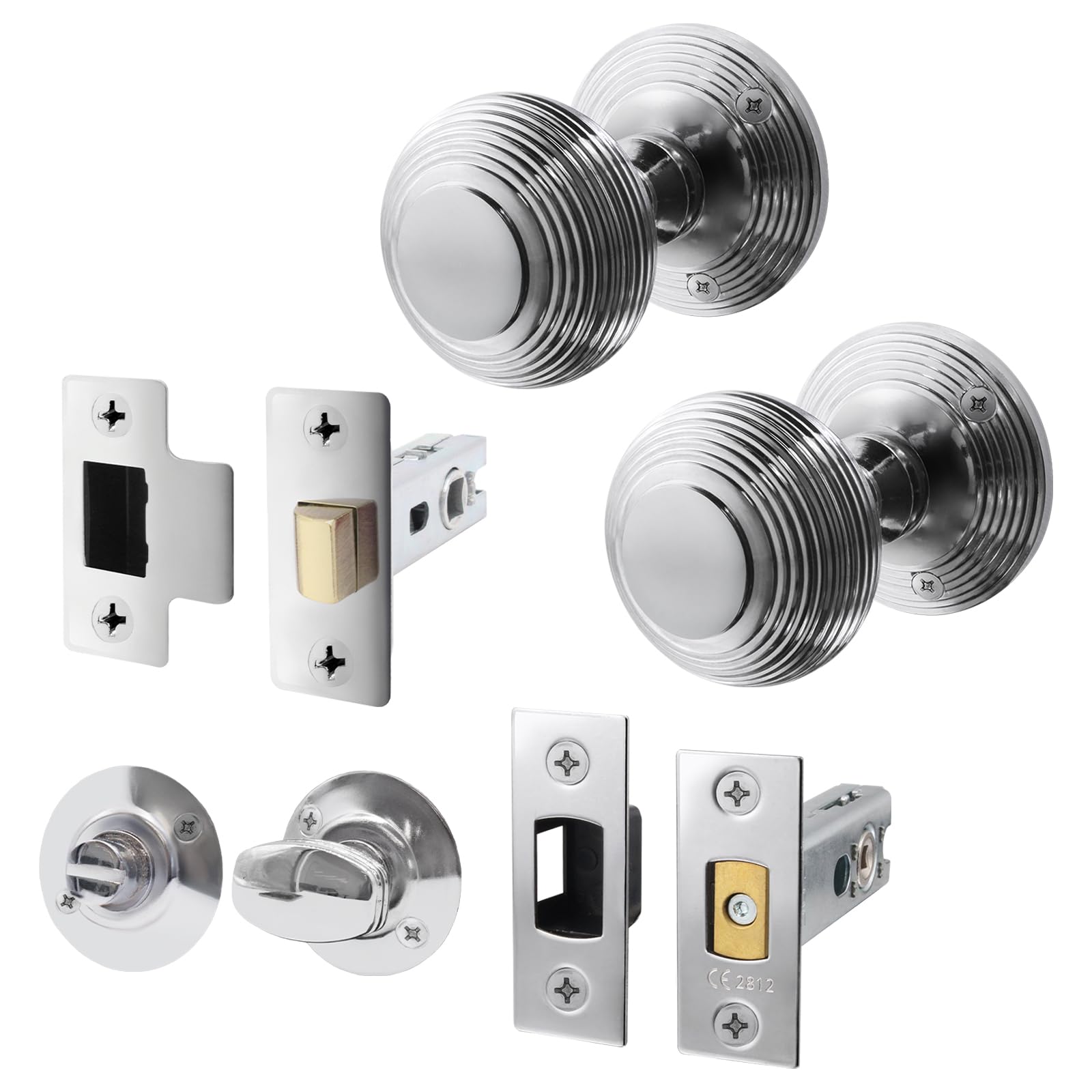 Eai Polished Chrome Beehive Door Knob Set | 1 Pair Of Reeded Mortice Knobs (55Mm), Latch & Deadbolt Kit (76Mm) & Turn & Release For Internal Doors