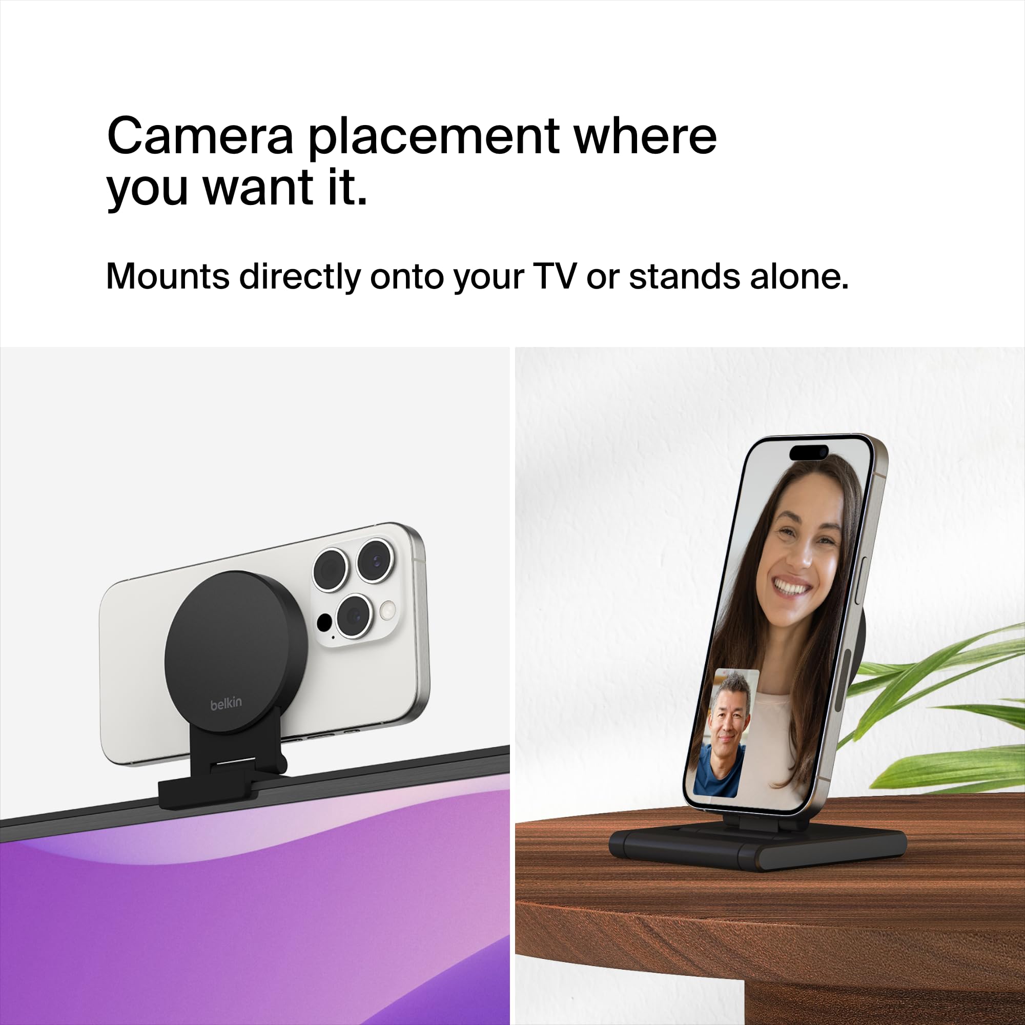 Belkin iPhone Mount with MagSafe for Apple TV 4K - MacBook Continuity Support w/tvOS - Turn Phone to Webcam, Compatible with MacBook Pro, Air, iPhone 16,15,14,13 & More - Gray | Convierte el iPhone en cámara web, soporte tvOS, compatible con MacBook Pro,