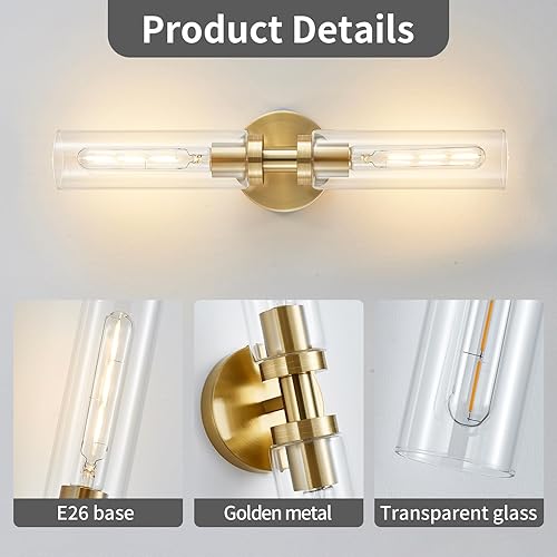 Miniatura 5 de 2 lámparas de baño de latón cepillado dorado sobre el espejo, moderna lámpara de tocador de pared con pantalla de vidrio transparente para baño,