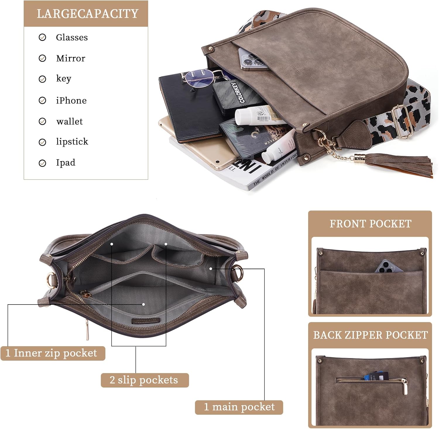 HKCLUF Crossbody Bag Purse for Women 2PCS/Set Leather Hobo Handbag Wallet Set With 2Adjustable Guitar Strap Shoulder Bag | Purse, 2PCS/Set, Leather, Wallet Set, Purse - Image 4