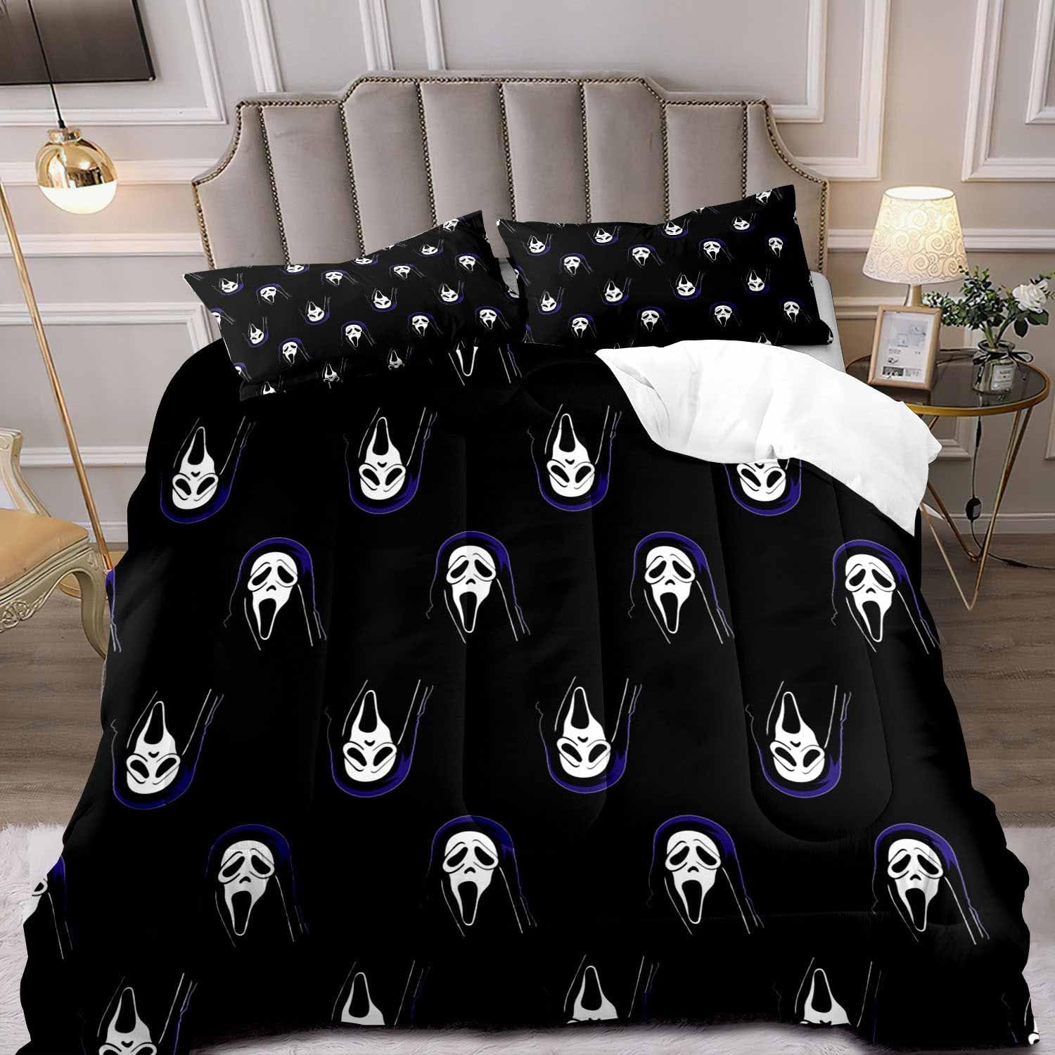 3 Pieces Hot Pink Scream Ghost Comforter Set Queen Size, Black Bedding Set, Teen Boys Girls Bedding, Gothic Spooky Scary Horror Skull Face Mask Knife Halloween Bedroom Decor, 2 Pillowcases