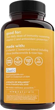 Viva Naturals Vitamin C, 1000 mg, 250 Vegetarian Capsules with Citrus Bioflavonoids & Rose HIPS, Non-GMO for Immune Support & Antioxidant Protection