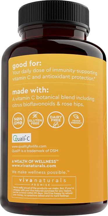 Viva Naturals Vitamin C, 1000 mg, 250 Vegetarian Capsules with Citrus Bioflavonoids & Rose HIPS, Non-GMO for Immune Support & Antioxidant Protection