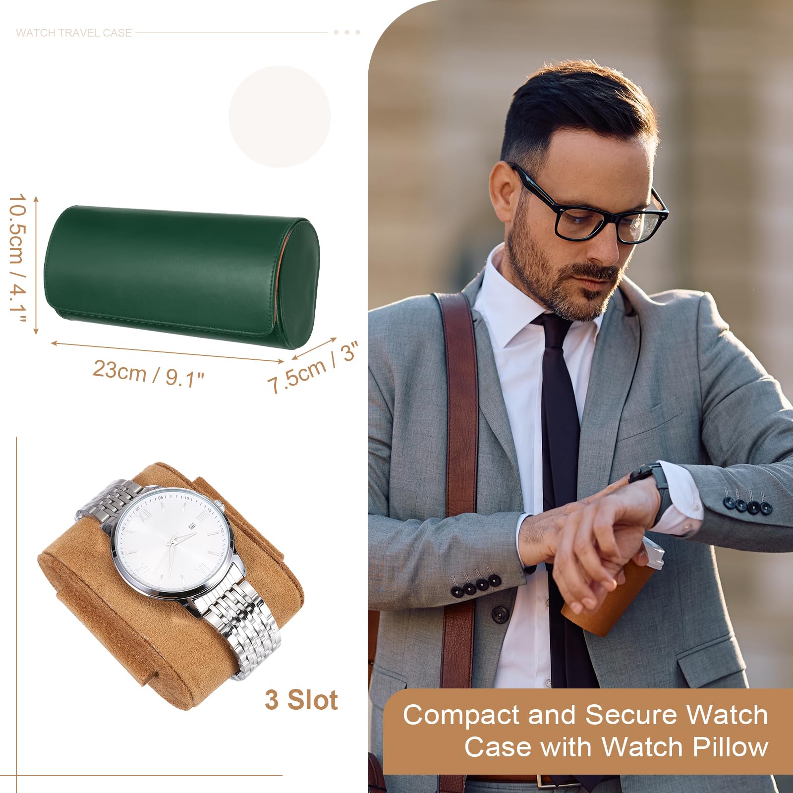 sourcing map Étui de voyage pour montre en cuir pour homme - Boîte de rangement portable pour Noël, anniversaire et anniversaire de mariage - 3 emplacements (vert)
