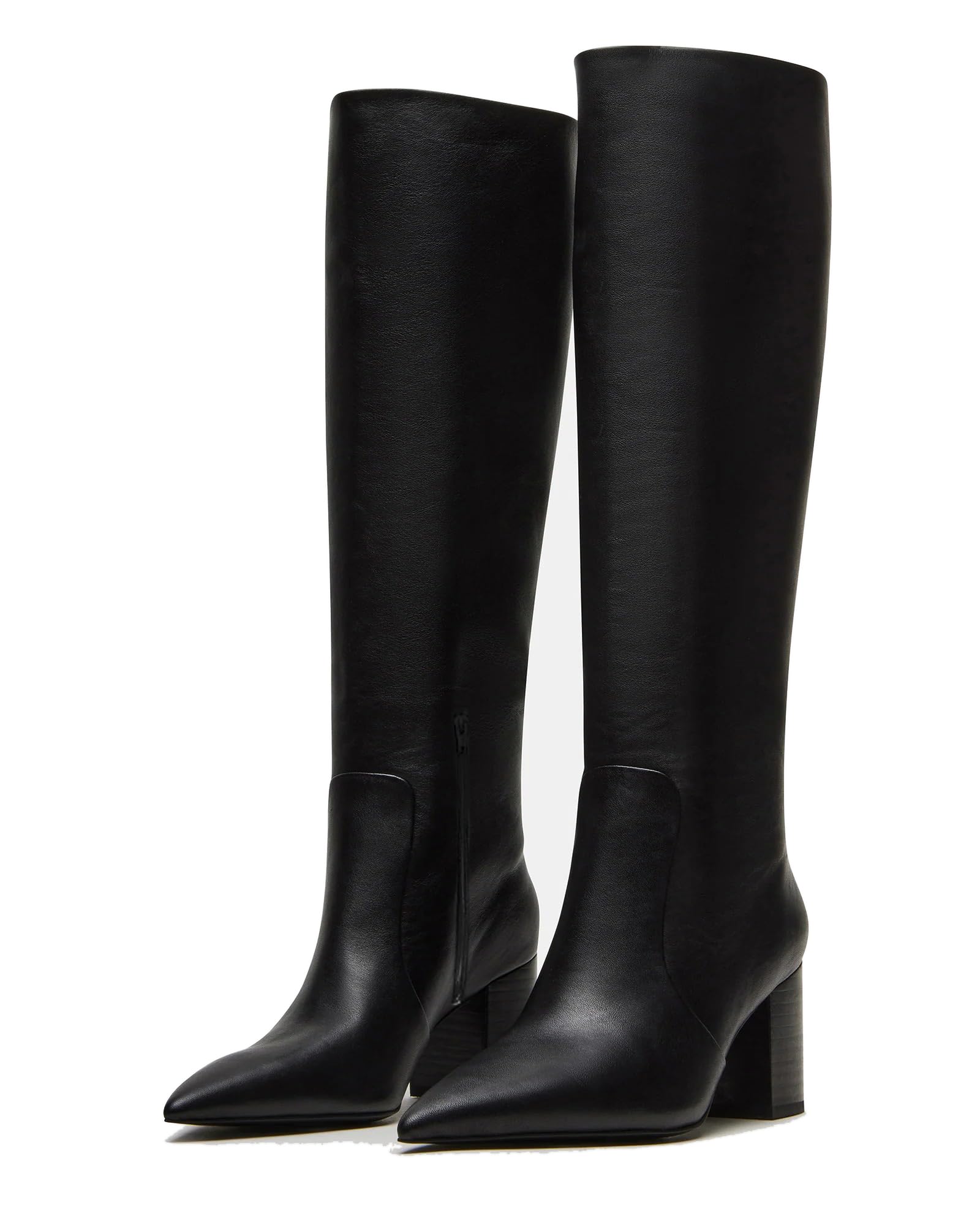 Knee High Boots For Women Black Leather Pointed Toe Side Zipper Chunky Heel Comfortable Dressy