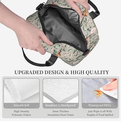 Miniatura 5 de Lindos conejitos hojas bolsa de almuerzo aislada con correas, lonchera para mujeres y hombres, bolsa de mano impermeable para viajes de oficina