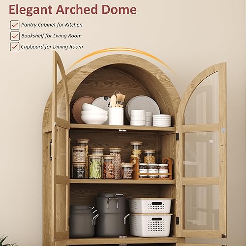 Miniatura 4 de Function Home 71" Arched Kitchen Pantry Cabinet, Farmhouse Storage Cabinets with Glass Door, Tall Wood Bookshelf with Rattan Door, Modern Cupboard