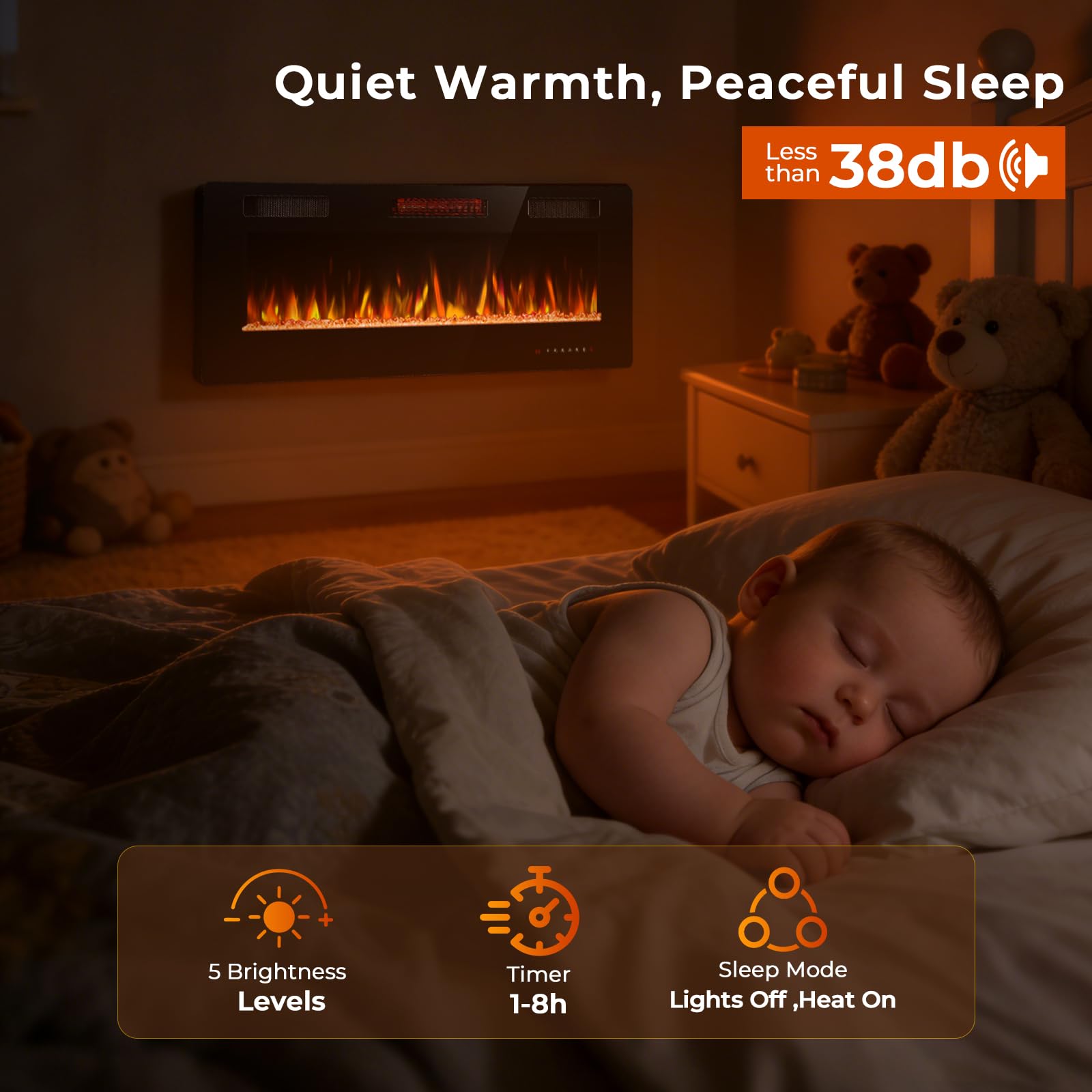 R.W.FLAME 50 pollici/127 cm, camino elettrico da incasso e da parete con fiamma realistica e regolabile, 750/1500 W, riscaldamento ultra piatto con telecomando, camino lineare per soggiorno