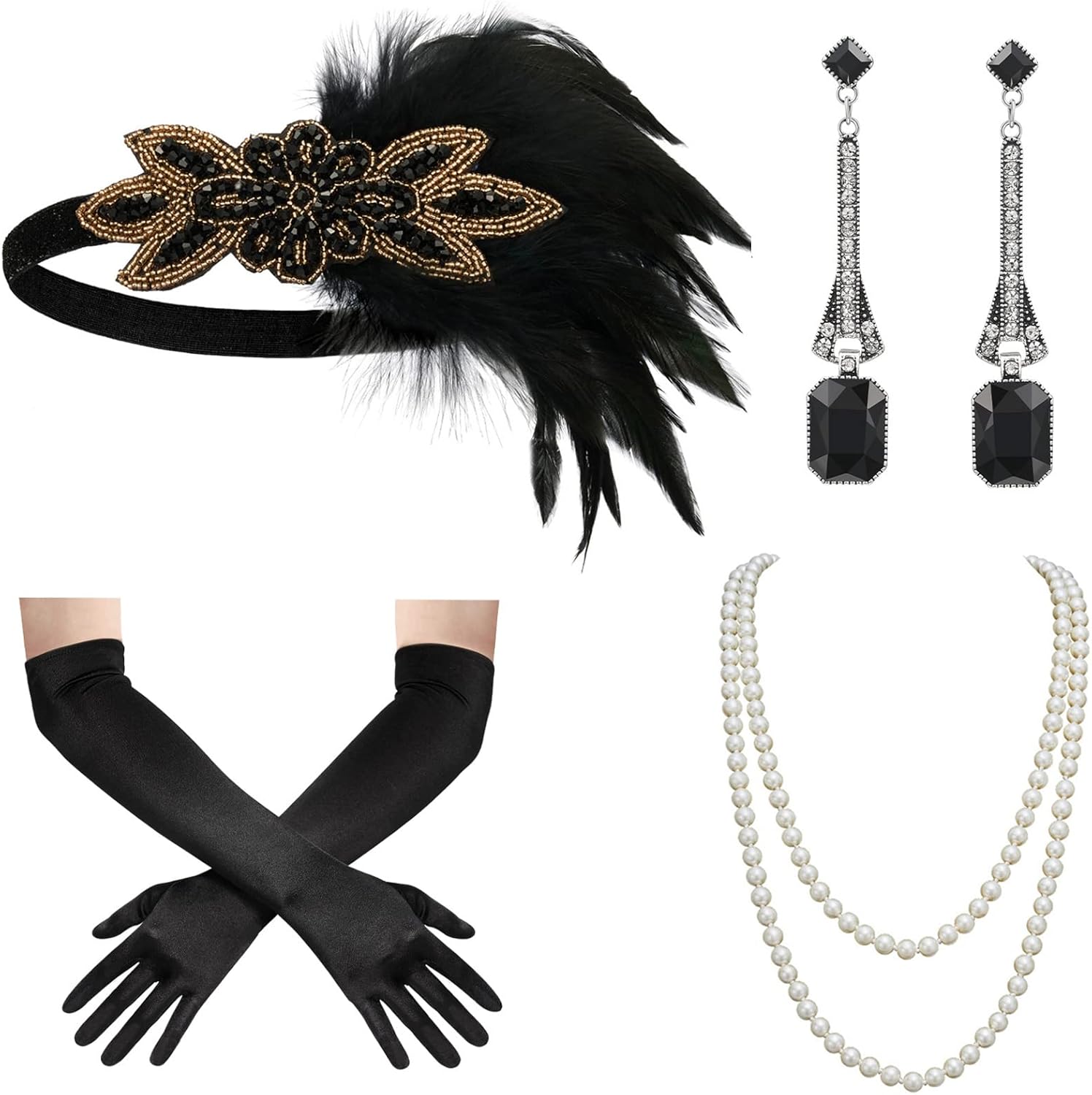 SWEETV 1920s Great Gatsby Accessories Set for Women, Flapper Headband Headpiece Roaring 20s Costume Accessories Set