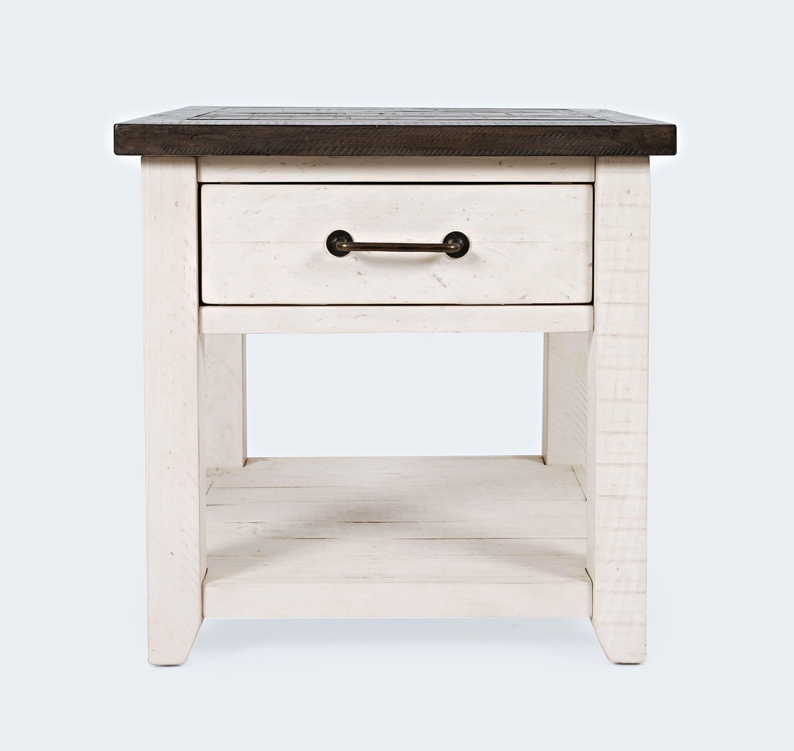 Jofran Madison County Reclaimed Solid Wood Rustic Farmhouse Harris End Table with Drawer and Shelf, Vintage White