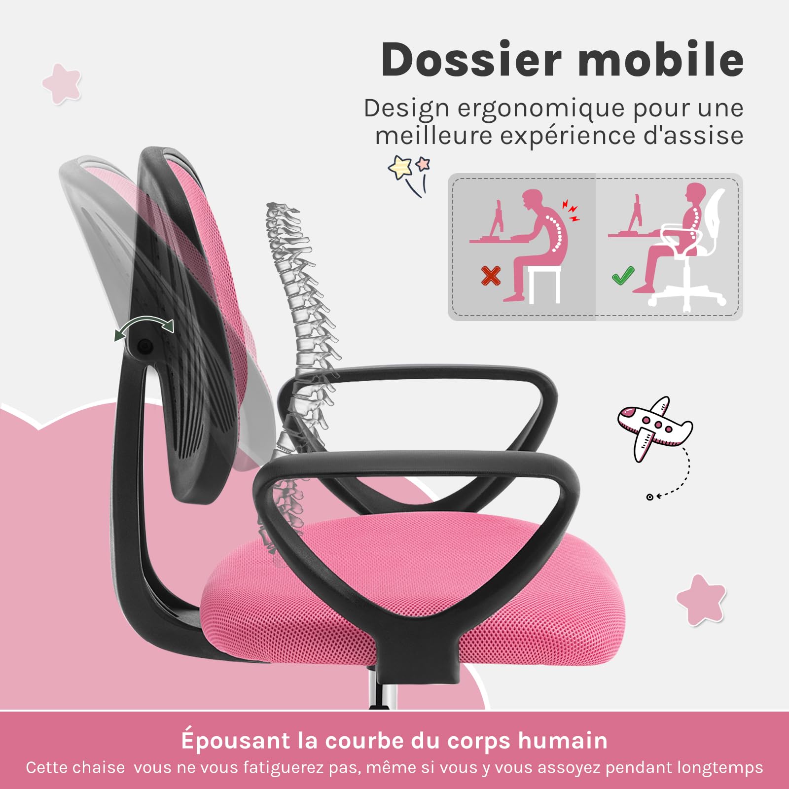 Chaise Bureau Enfant, Fauteuil de Bureau pour Adolescents, Chaise Ergonomique en Maille Respirante, Dossier Réglable, Rose, K0004BS