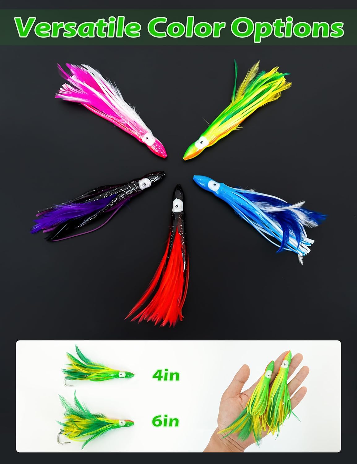BLUEWING Tuna Feather Daisy Chain Fishing Teaser Lure with 6in Feathered Trolling Squids and Stainless Steel Hook Big Game for Tuna Mahi Wahoo Marlin, Black/Red