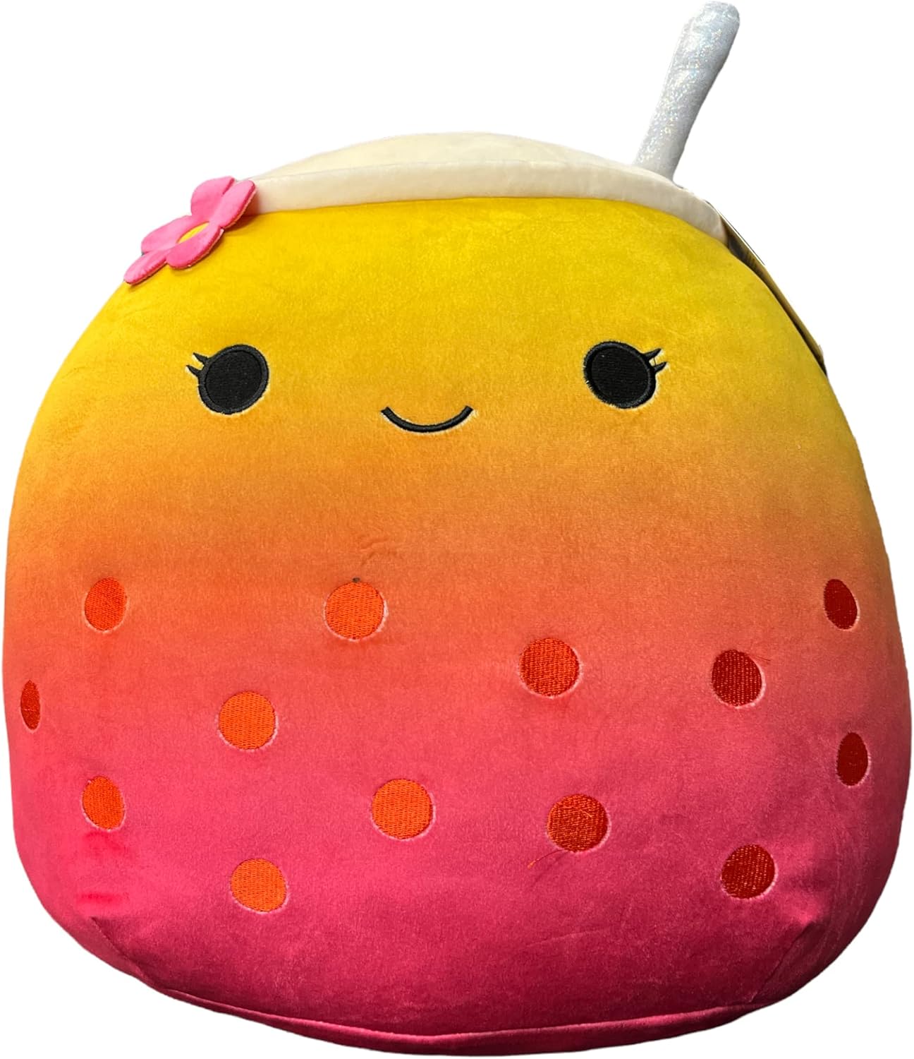 Squishmallows Official Kellytoy - 16 Inch Boba Tea Soft and Squishy Plush Toy Figure - Pink, Yellow, White Closed Mouth Smile, Pink Flower. Add Bergit to Your Collection or Squad