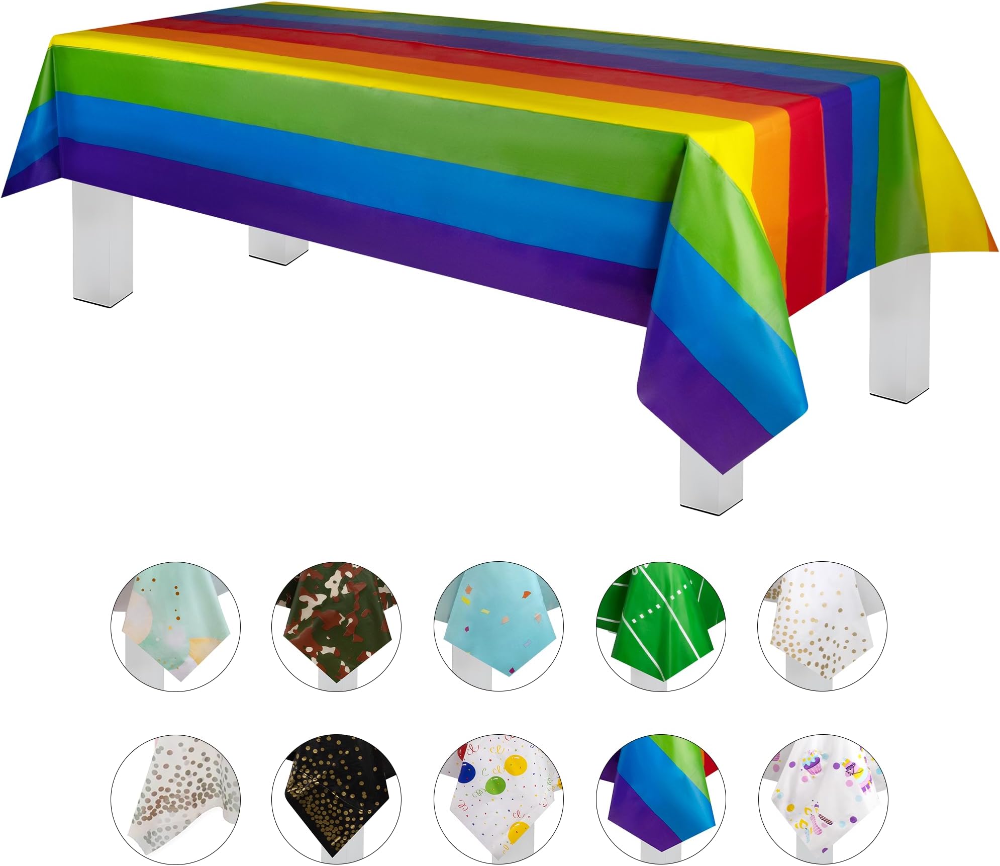Carnival Pride Rainbow Banner Theme 6 Pack Premium Disposable Plastic Tablecloth 54 Inch. x 108 Inch. Rectangle Table Cover