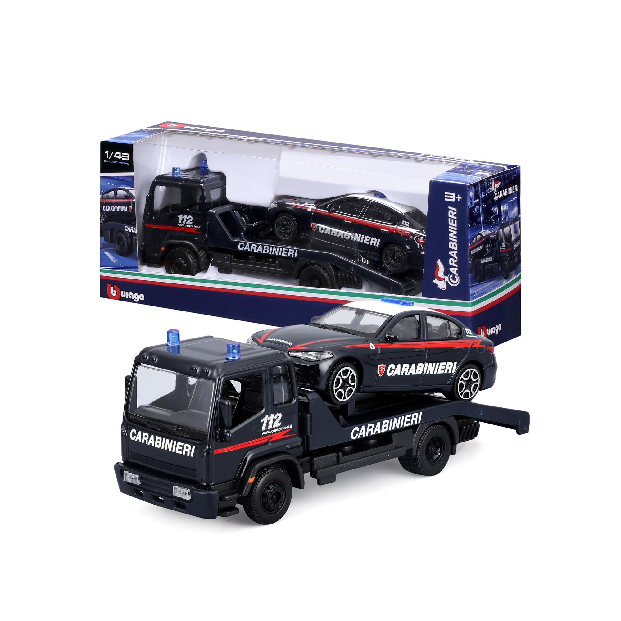 BBURAGO Carro Attrezzi Carabinieri con Auto, Scala 1:43, Modello Diecast con Licenza Ufficiale, Dettagli Realistici, Età 3+