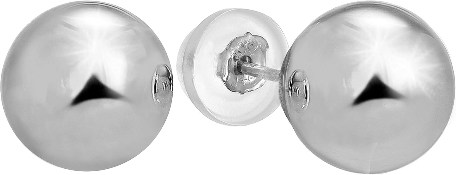 14k Real White Gold Stud Ball Earrings W/Silicone Covered Gold Pushbacks - 10 mm