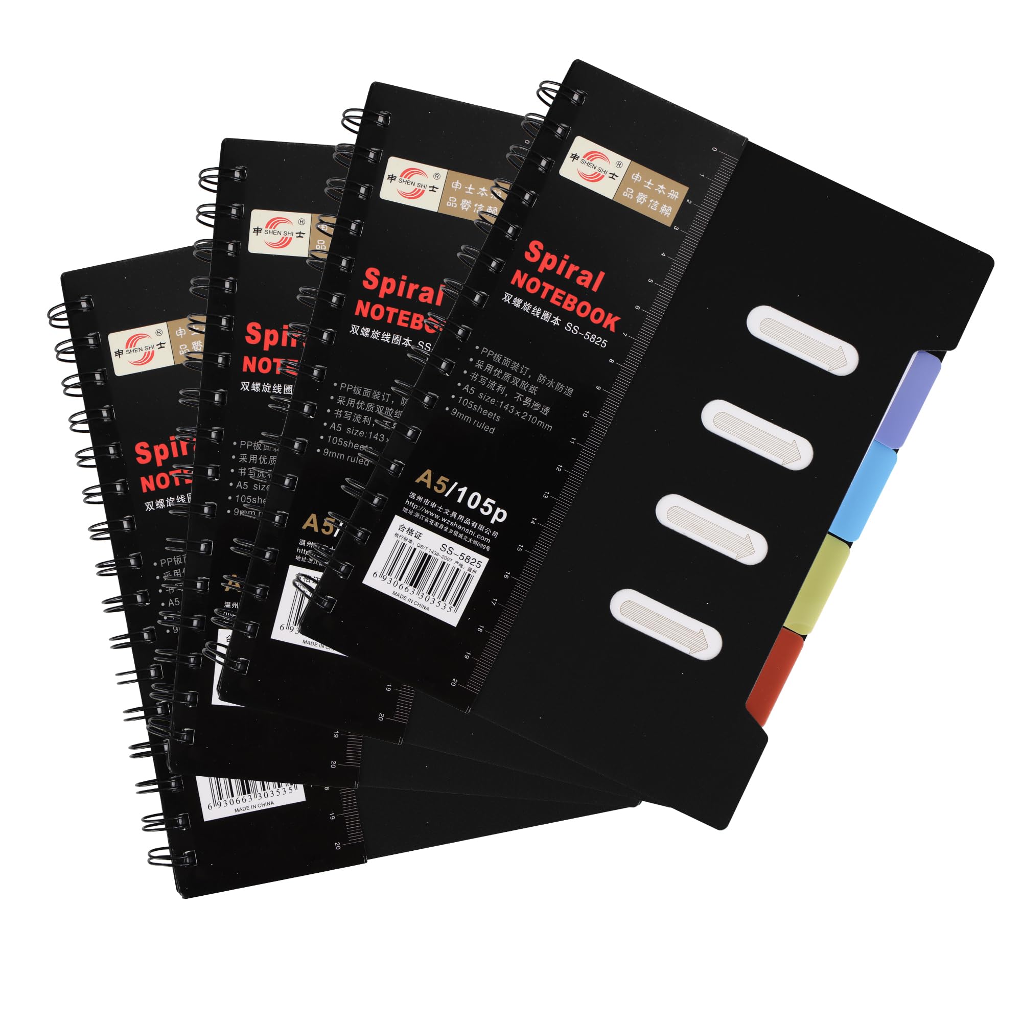 WeeGoo 4 PCS A5 Notebook with Dividers, 260 Pages Plastic Dividers for Spiral Notebook, Black 80 GSM Thick Wirebound Spiral Notebooks for Home Travel Office 21.5CM x 12.7CM