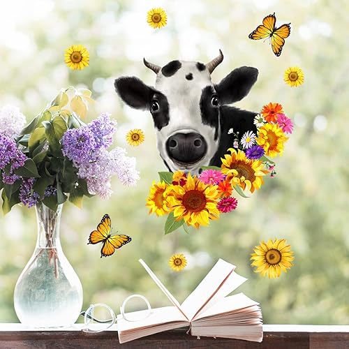 Miniatura 2 de Calcomanías de pared de animales de granja, divertidas calcomanías de pared de vaca, girasol, mariposa, calcomanías para ventana, despegar y pegar,