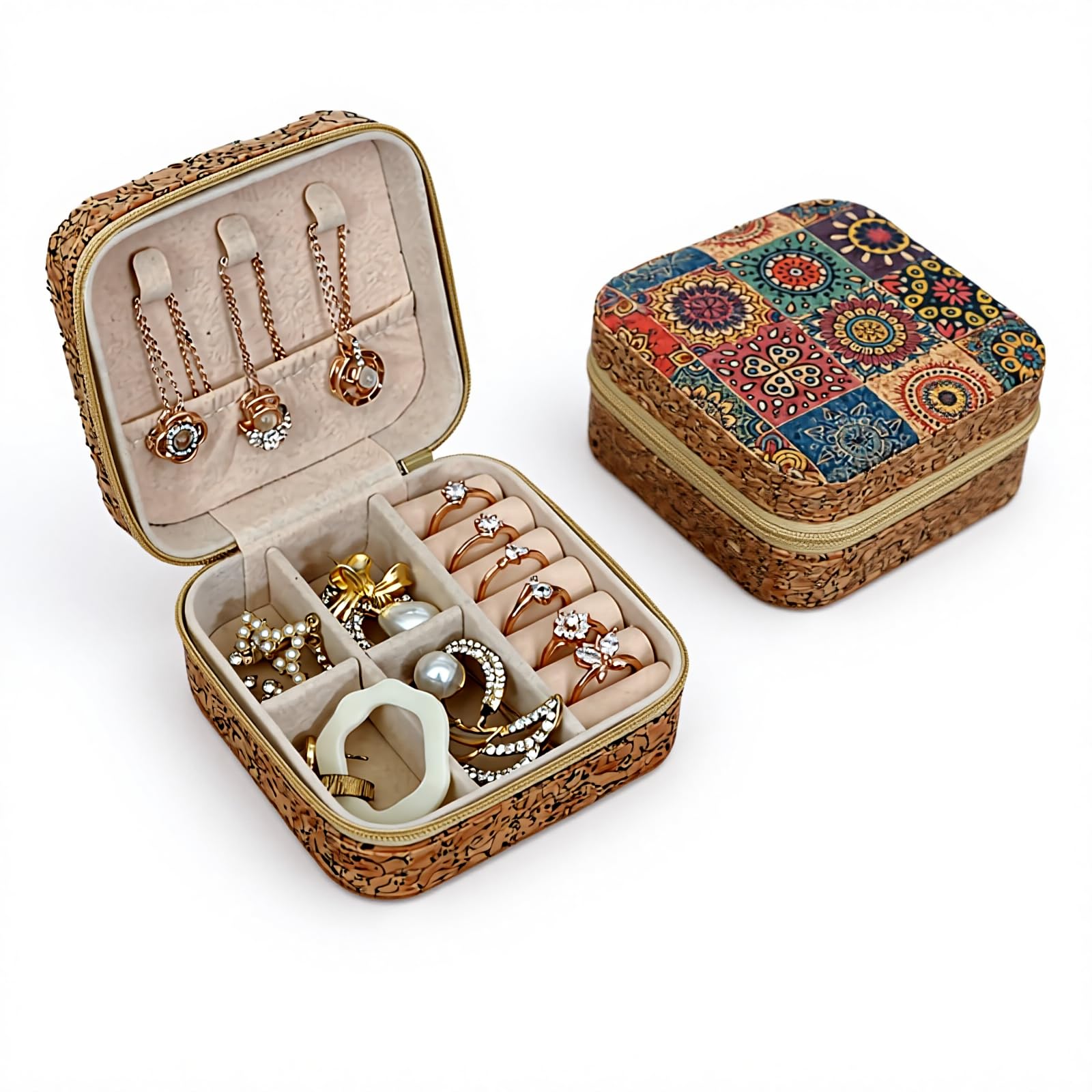 Photo 1 of wofynovel Retro Cork Jewelry Box with Bohemian Patterns for Storing Rings, Necklaces and Earrings During Travel, Soft Velvet Interior, 3.8x3.8x1.8 Inches