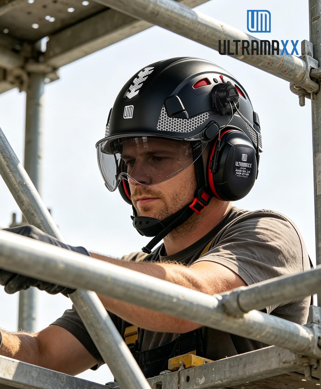 UM ULTRAMAXX Casco de seguridad y protección auditiva, aprobado por ANSI Z89.1, kits de casco de trabajo ligero con ventilación, suspensión de 6 puntos, ideal para la industria y la construcción