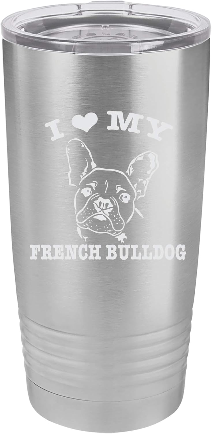 "I Heart My French Bulldog" Dog Lover Design Engraved Vacuum Insulated Travel Drink Tumbler, 20 Oz., Stainless Steel