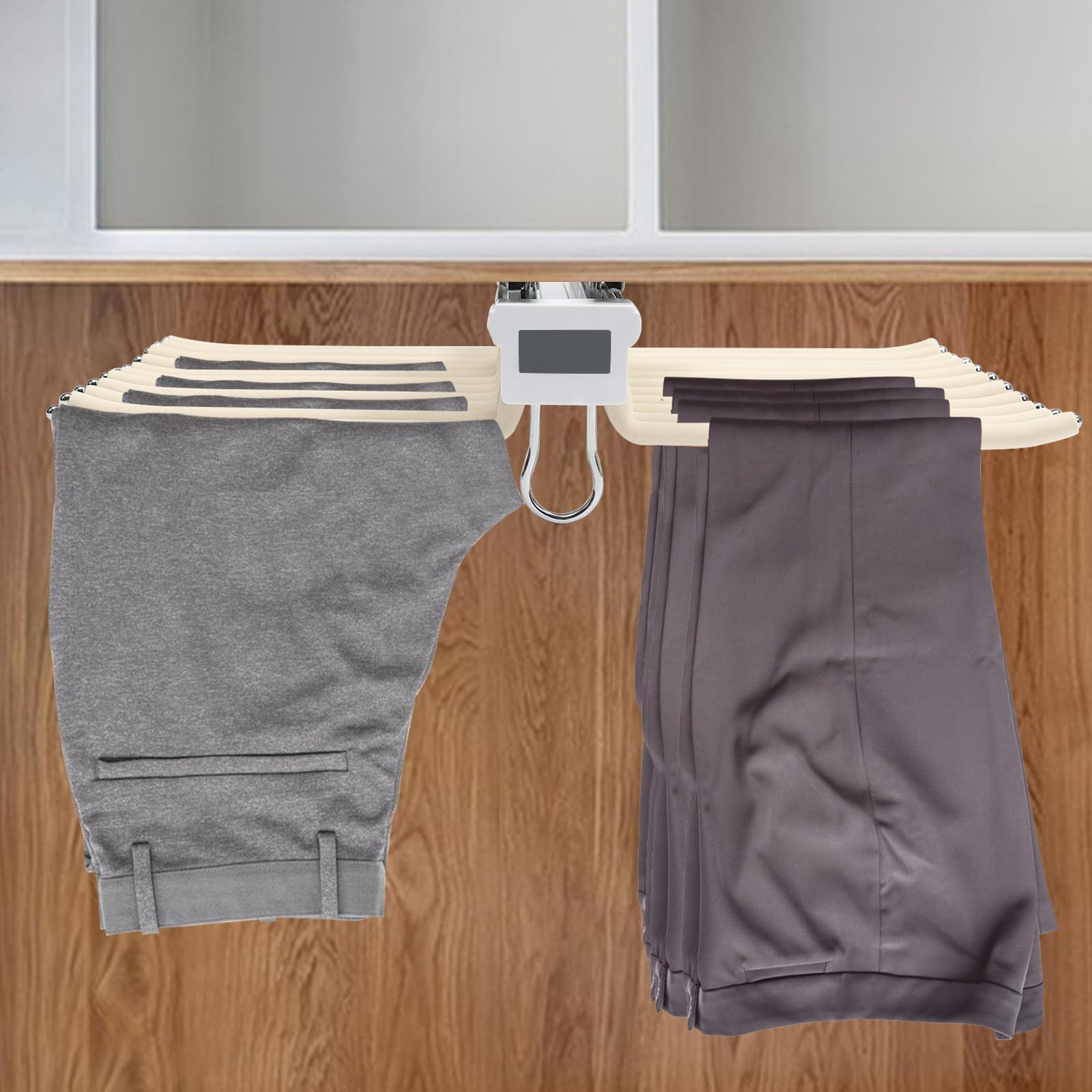 LIPQJWLE Closet Pull Out Trousers Rack, 22 Arms Steel Pull Out Pants Rack Stainless Steel Pants Hanger for Space Saving and Storage, Maximum Load 33LBs (23.2x18.1x3.7Inch)