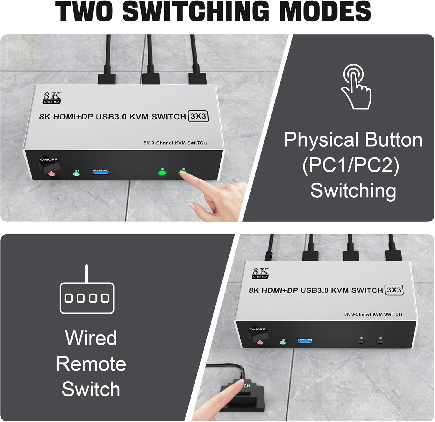 8K@60Hz USB3.0 2 Displayport+HDMI KVM Switch Triple Monitor 2Computer, 2PC Share 3Monitors (HDMI+2 Displayport) KVM Switch with Audio Microphone and 3USB Ports, HDMI+2 DP Monitor Switch for 2PC
