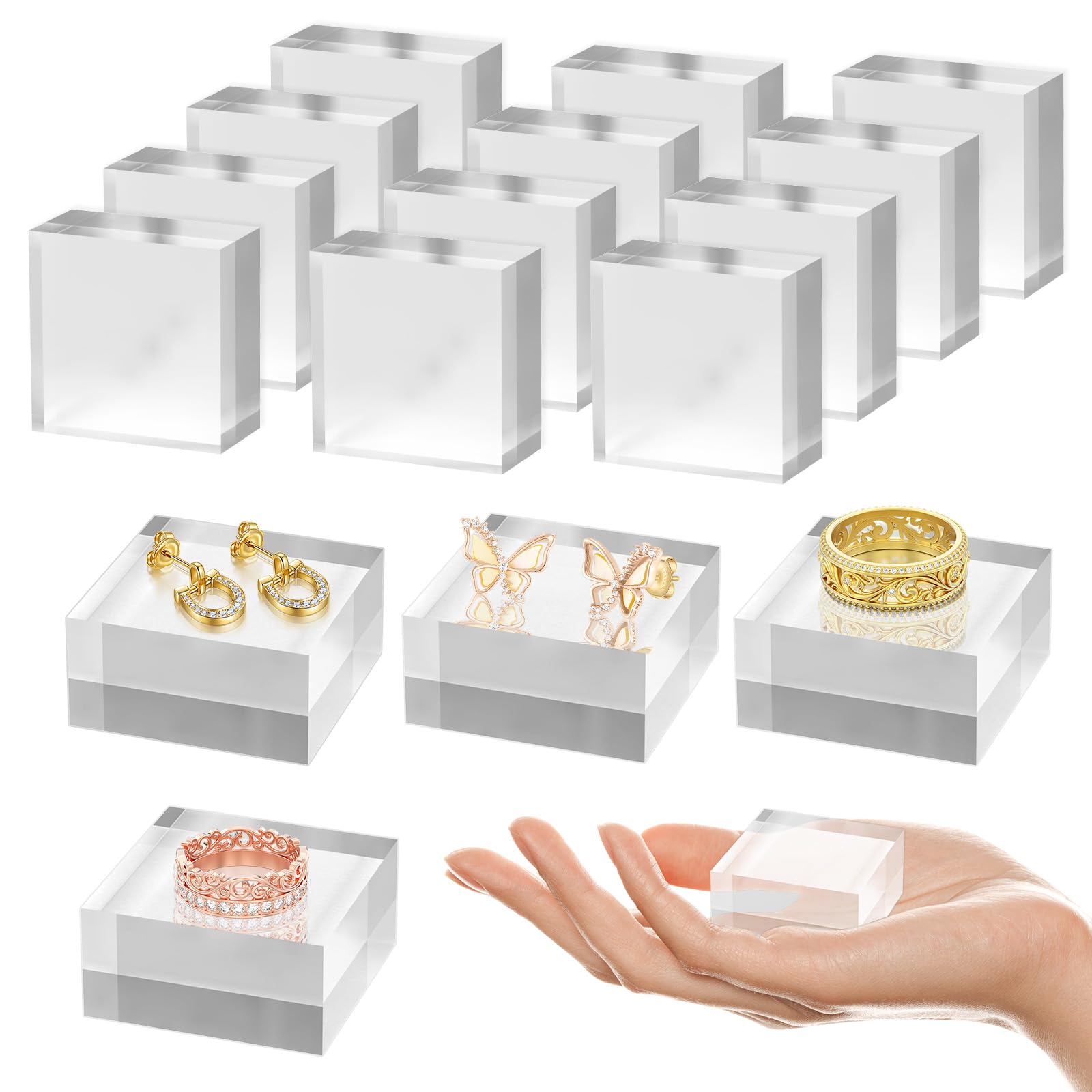 Acrylic Base 16 Pieces Acrylic Blocks for Display 2 X 2 X 1 Inch Square Riser Display Stands Trophy Base Pedestal Stands Clear Cube for Trophy Jewelry Props Food Party Crafts