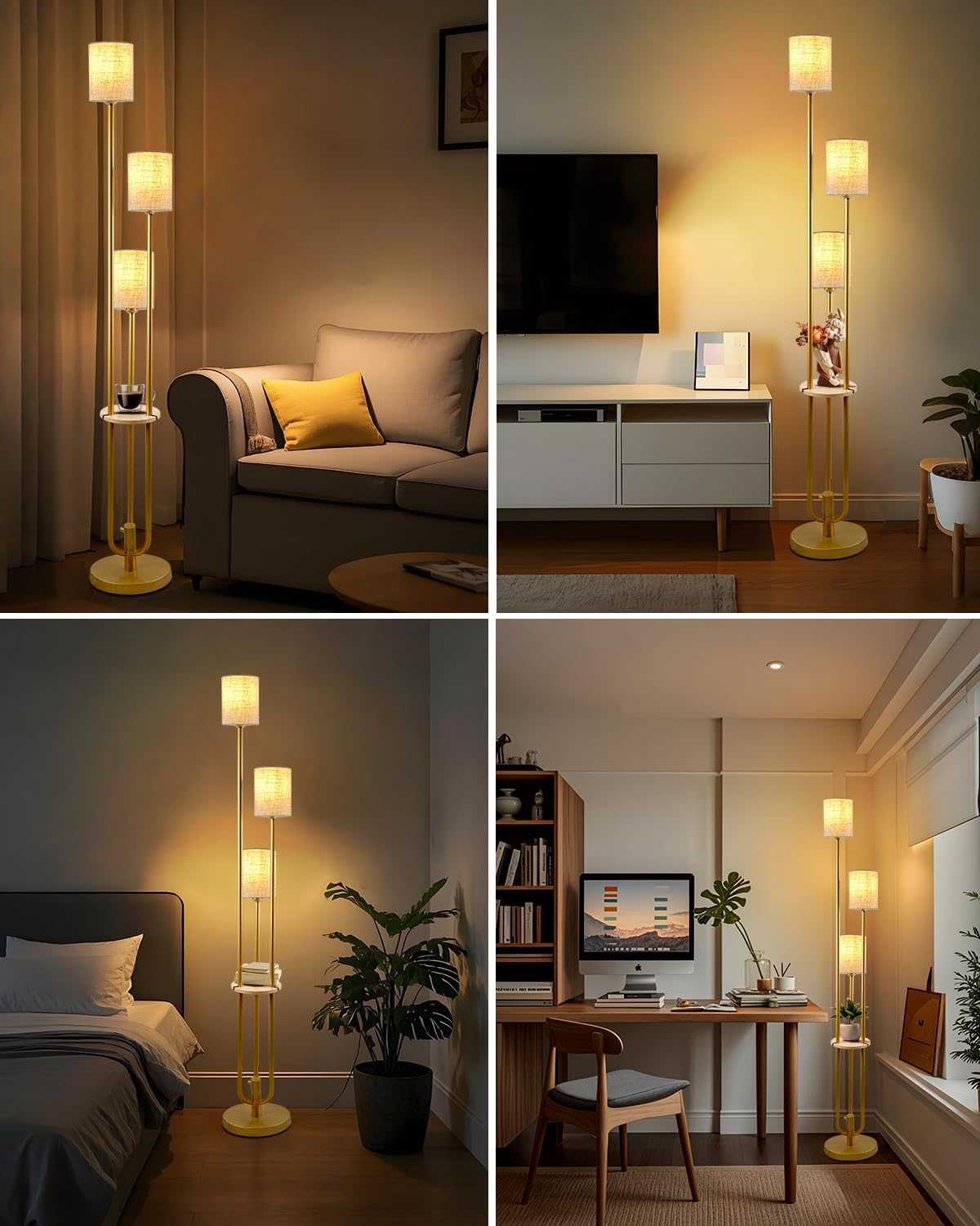 Lightdot Floor Lamp with Table for Living Room Bedroom Dimmable Floor Lamps with Linen Shade Vintage Gold Standing Tall Lamp Candle Holder Style for Bedroom/Sofa Beside/Corner Decor(Bulbs Included 3 Fabric-Gold Shelf