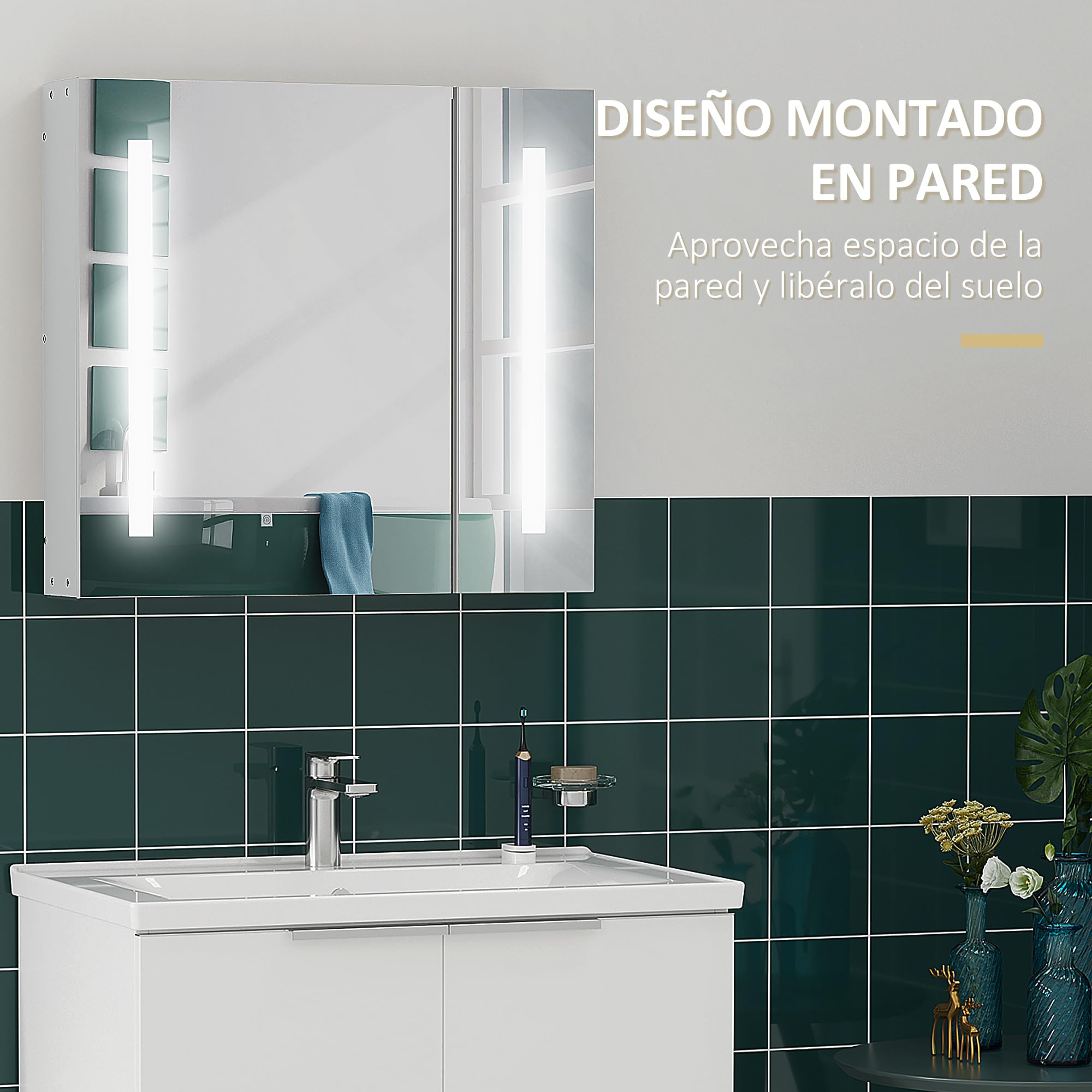 kleankin Armario con Espejo de Baño con Luz LED 70x15x65 cm Blanco | Armario de Baño Colgante, 2 Puertas, Función de Memoria, Interruptor Táctil, Estilo Moderno