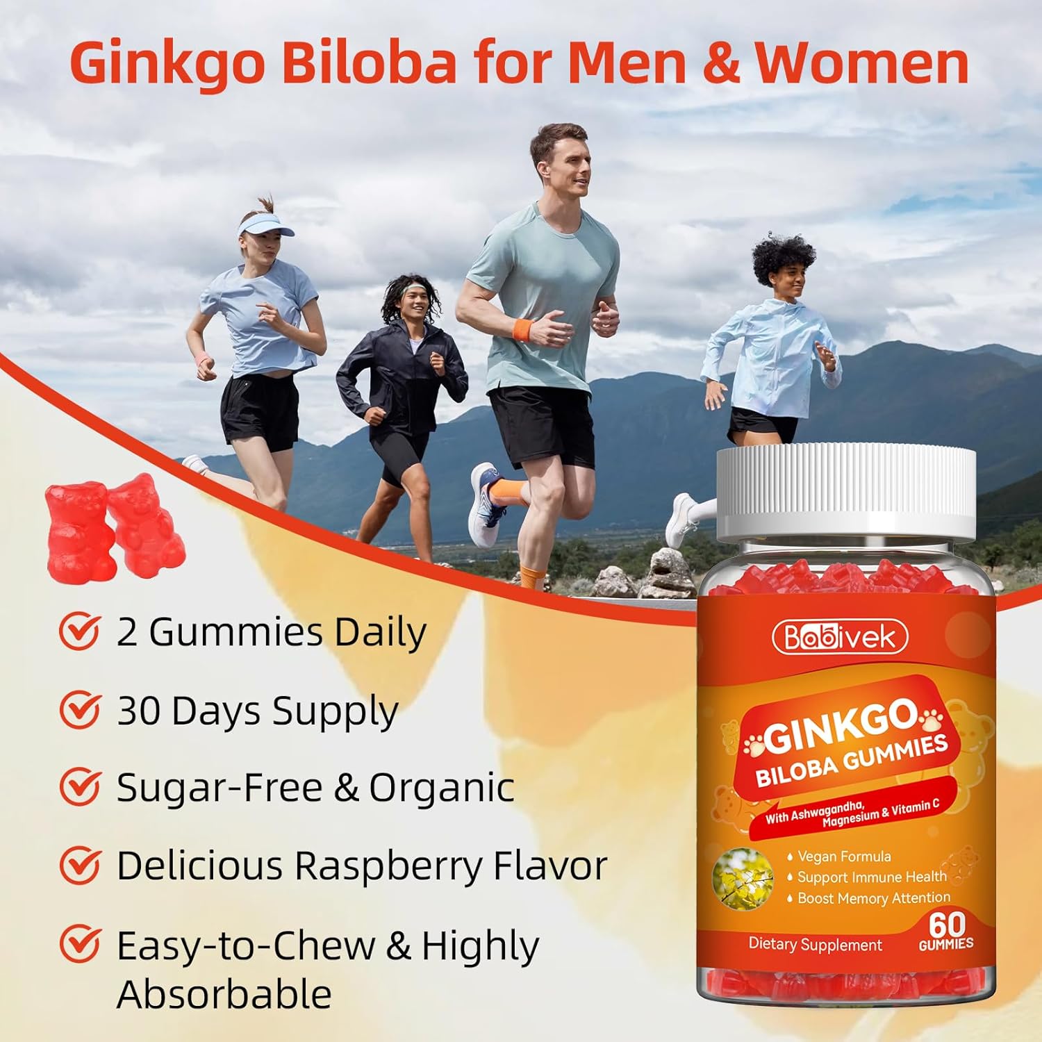 Ginkgo Biloba Gummies with Ashwagandha, Vitamin C & Magnesium - Vegan, Non-GMO, Gluten-Free - Raspberry Flavor, 60 Count - Image 4