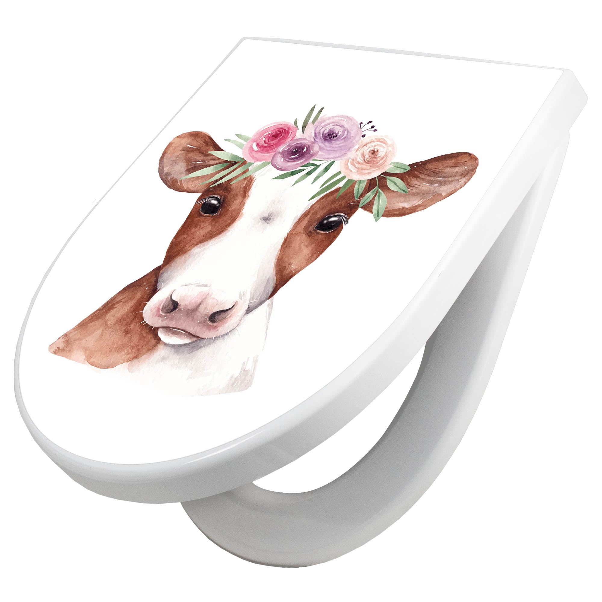banjado WC Sitz mit Absenkautomatik D Form - Toilettendeckel mit Absenkautomatik D Form - Klodeckel Softclose - stabile Klobrille - Toilettensitz Weiß - Motiv Kuh mit Blumenkrone