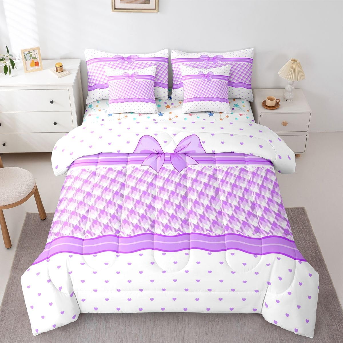 Feelyou Pink Bowknot Comforter with Sheet Set Twin Size 7 Pieces Diamond Pearl Pattern Bedding Set for Kids Boys Girls Cartoon Bow Bed in a Bag Kawaii Bow Tie Bedroom Decor