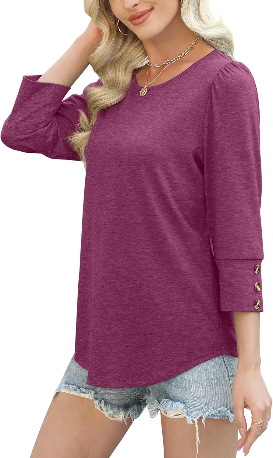 OFEEFAN Womens Tops 3/4 Sleeve with Buttons Dressy Casual Blouses Summer Outfits Beach Vacation Plus Size Spring Clothes - Image 4